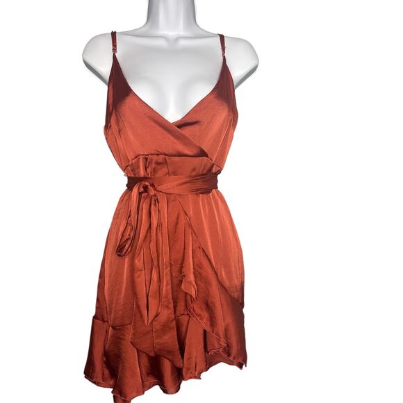 Lucy In The Sky Rust Wrap Ruffle Mini Dress Size Small - Picture 1 of 6